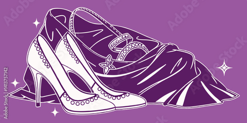 Hand drawn vector illustration of fashionable shoes, a stylish footwear pair against purple foil background vector illustration.