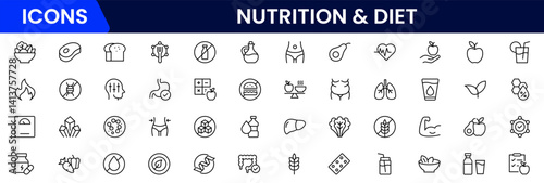 Vector illustration web line icon collection showcasing nutrition and diet concepts—balanced meals, food pyramid, calories, vitamins, healthy eating, meal plans, and portion control.