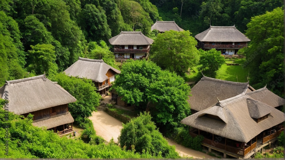 A Secluded Village Retreat: Thatched-Roof Homes nestled Amongst Lush Greenery in a Serene Forest Setting offering Peaceful Sanctuary. A Secluded Village Retreat: Thatched-Roof Homes nestled Amongst Lush Greenery in a Serene Forest Setting offering Peaceful Sanctuary.