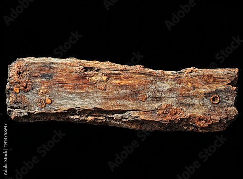 A close-up of an old, weathered wooden surface with visible woodworm holes and frayed edges, set against a black background for contrast. The texture is detailed and textured, showcasing the natural g