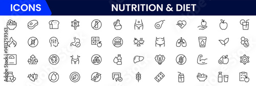Vector illustration web line icon collection showcasing nutrition and diet concepts—balanced meals, food pyramid, calories, vitamins, healthy eating, meal plans, and portion control.