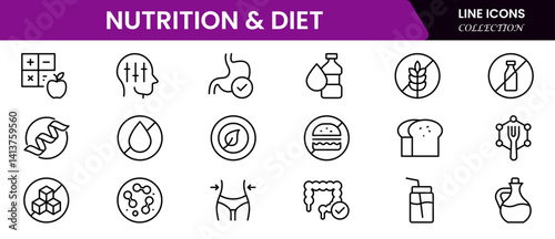 Vector illustration web line icon collection showcasing nutrition and diet concepts—balanced meals, food pyramid, calories, vitamins, healthy eating, meal plans, and portion control.