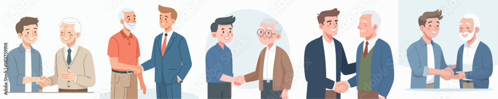 Vector collection of two happy and excited men meeting, greeting each other happily. Reunion concept Vector collection of two happy and excited men meeting, greeting each other happily. Reunion concept