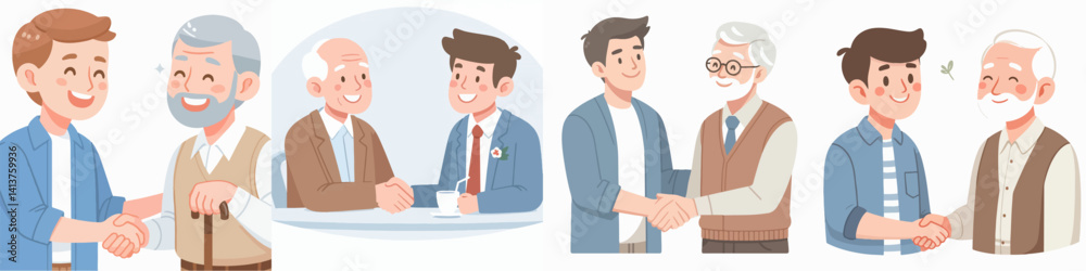 Vector collection of two happy and excited men meeting, greeting each other happily. Reunion concept Vector collection of two happy and excited men meeting, greeting each other happily. Reunion concept