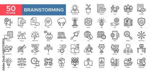 Brainstroming collection set. Brainstroming, Question , Action, Group, Knowledge, Marketing, Process, Meeting, icon. Simple flat vector illustration