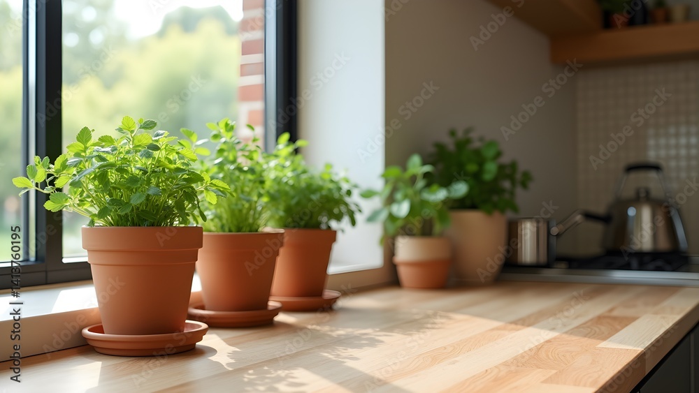 Fototapeta premium Herb Garden on Kitchen Window Sill with Natural Light and Fresh Potted Herbs 