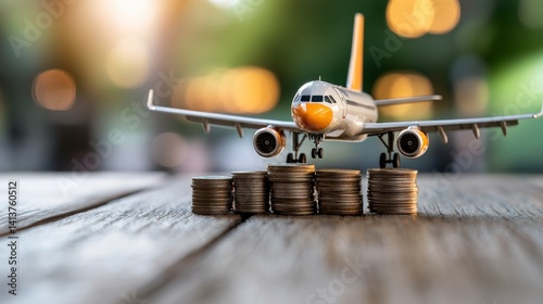 Model airplane on stacks of coins symbolizing travel expenses and financial planning for aviation industry and tourism