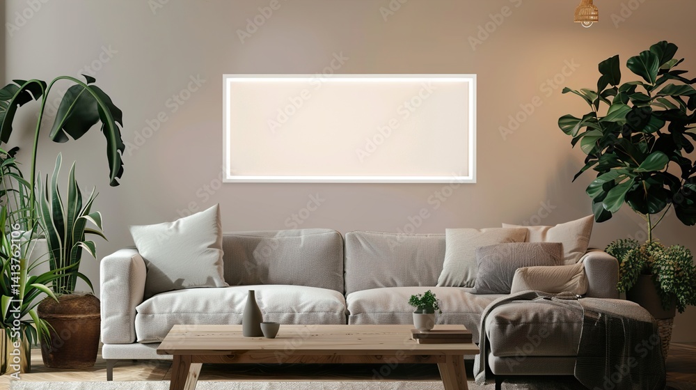 A white rectangular frame on the wall of a cozy living room, surrounded by a soft grey sofa, a wooden coffee table, and plants A white rectangular frame on the wall of a cozy living room, surrounded by a soft grey sofa, a wooden coffee table, and plants