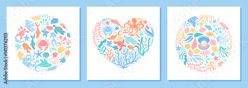 Underwater heart and circle doodle in cartoon graphic style. Vibrant ocean concept features marine life such as fish, coral, turtle, and starfish. Aquatic shapes create a seamless round pattern,