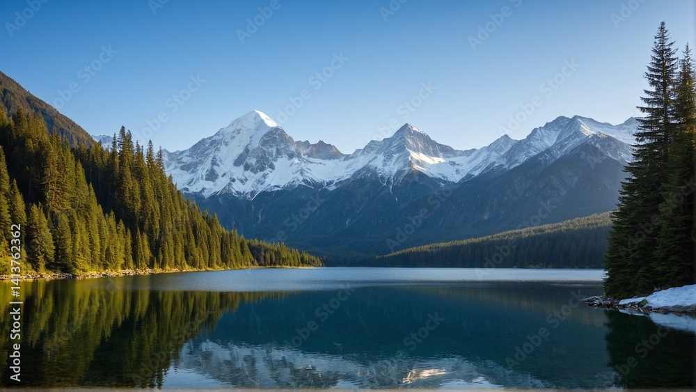 Serene mountain lake mirroring snow-capped peaks and verdant forests under a clear blue sky in the morning sunlight. Serene mountain lake mirroring snow-capped peaks and verdant forests under a clear blue sky in the morning sunlight.