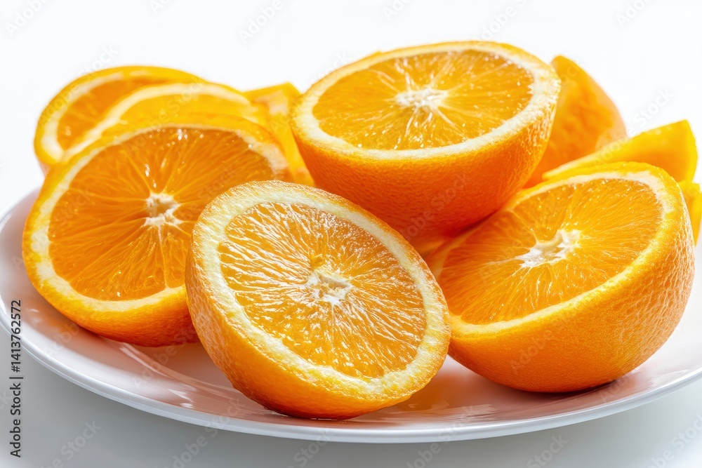 Fototapeta premium Fresh Sliced Orange Still Life on White Plate for Healthy Eating