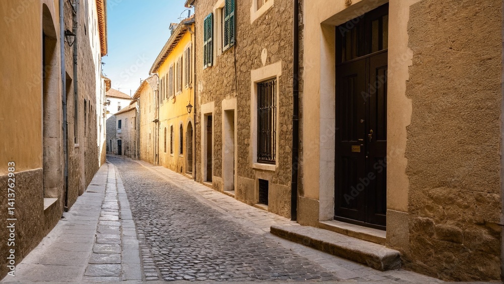 A Quiet European Alleyway: Capturing the Essence of Old-World Charm with Cobblestone Streets and Warm Hues in a Timeless Setting A Quiet European Alleyway: Capturing the Essence of Old-World Charm with Cobblestone Streets and Warm Hues in a Timeless Setting