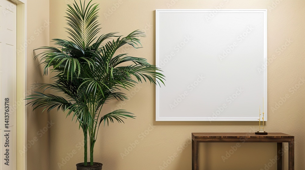 A white rectangular frame on the wall of a hallway with a tall indoor plant beside a wooden table. HD 8K mockup wallpaper Photographic Image A white rectangular frame on the wall of a hallway with a tall indoor plant beside a wooden table. HD 8K mockup wallpaper Photographic Image