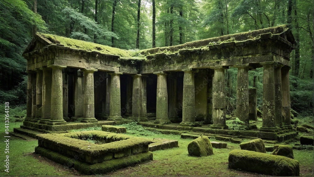 Forgotten Sanctuary: A Stone Temple Overgrown by Lush Moss in an Enigmatic Forest Setting, Whispering Tales of a Distant Past. Forgotten Sanctuary: A Stone Temple Overgrown by Lush Moss in an Enigmatic Forest Setting, Whispering Tales of a Distant Past.