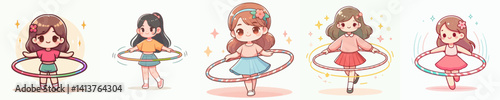 Vector collection of a child who enjoys playing hula hoop