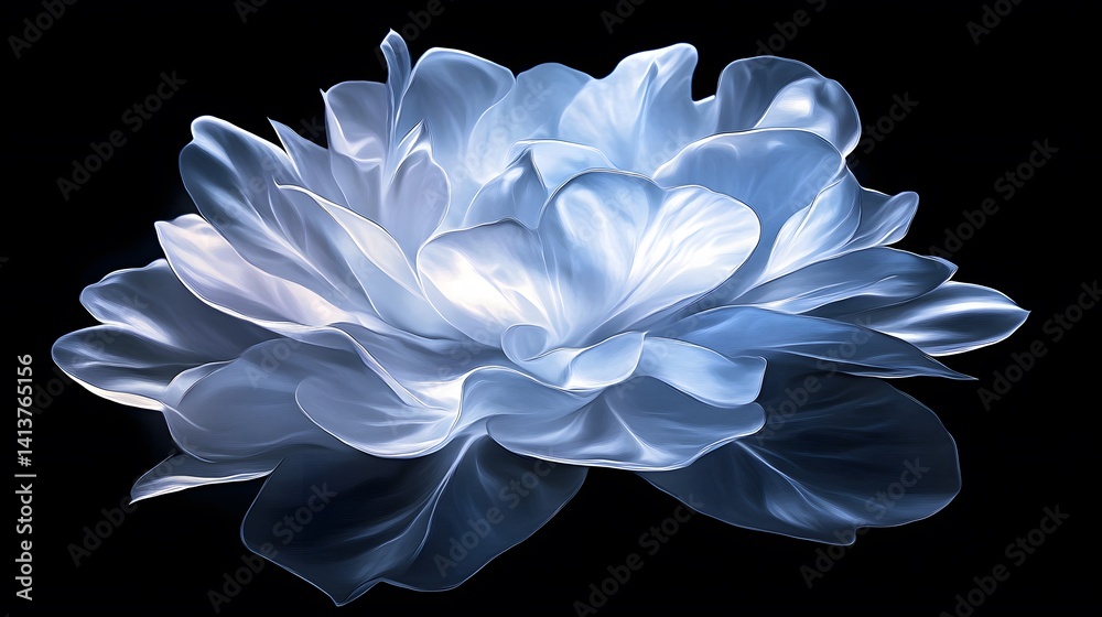 Fototapeta premium A single, glowing blue flower with delicate petals against a black background