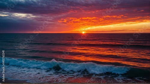 Fiery Sunset Over the Ocean: Waves Reflecting the Vibrant Hues of the Sky at Dusk.