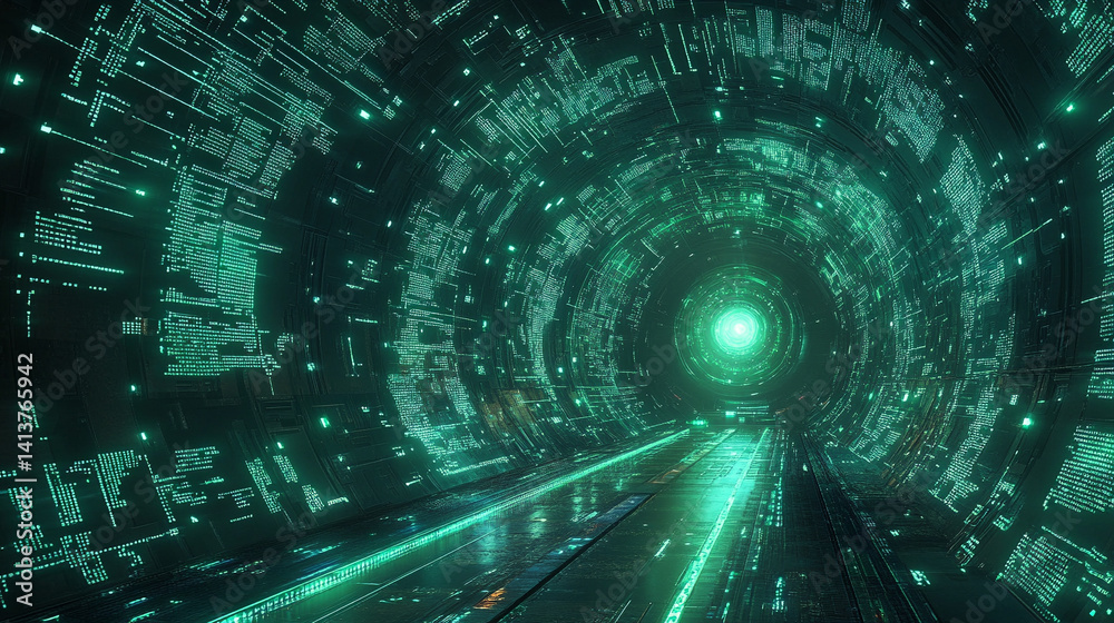 Futuristic green tech tunnel with glowing digital code on walls and floor symbolizes data flow innovation and sustainable technology in a matrix-like world with deep perspective and energy focus