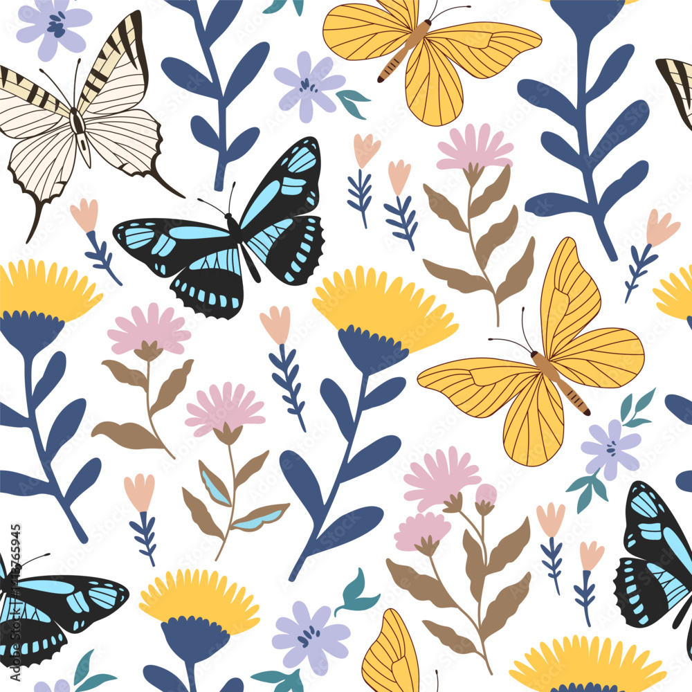 Fototapeta premium Seamless pattern with cute flowers and butterflies. Feminine romantic print for scrapbooking and textile. Vector illustration