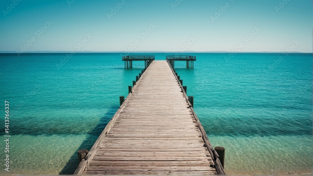 A Tranquil Journey: Wooden Pier Extending into Calm Turquoise Waters Under a Clear Sky Horizon, Inviting Reflection and Serenity. A Tranquil Journey: Wooden Pier Extending into Calm Turquoise Waters Under a Clear Sky Horizon, Inviting Reflection and Serenity.