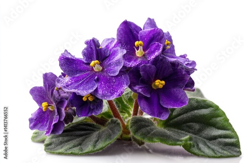 Blooming Purple African Violet with Yellow Centers on White Background