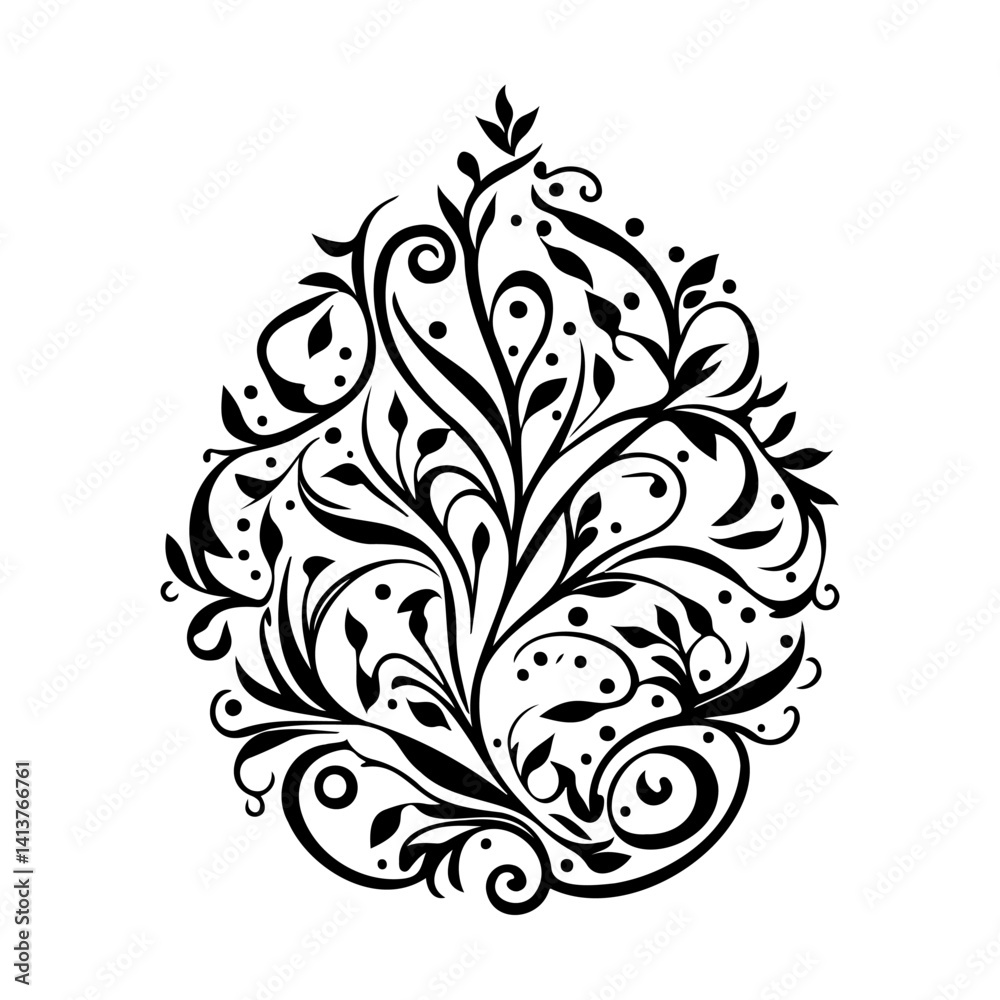 Monochrome Floral Ornament with Swirling Elements Monochrome Floral Ornament with Swirling Elements