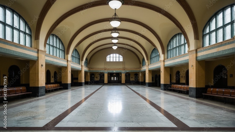 Obraz premium Grandeur in Symmetry: Exploring the Architectural Splendor of a Classic Railway Station Waiting Hall with Arched Windows and Marble Floors.