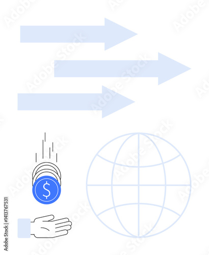 Blue arrows symbolize progress, with a hand catching coins and a globe representing international finance. Ideal for business growth, financial services, global trade, progress, investment, economy
