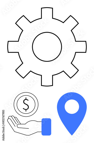 Large outlined gear icon above a hand holding a coin and a blue location pin signifies process, financial management, and navigation. Ideal for business, consulting, planning, strategy, technology