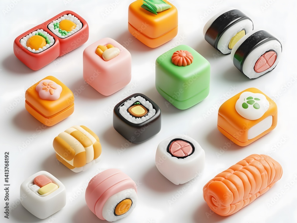 Obraz premium Generation Alpha food menu: a charming isometric of colorful Smart Sushi Rolls food icons on a white background.
