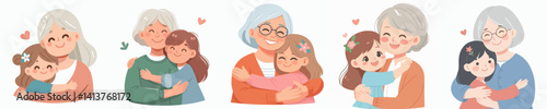 Vector collection of a grandmother hugging her granddaughter affectionately