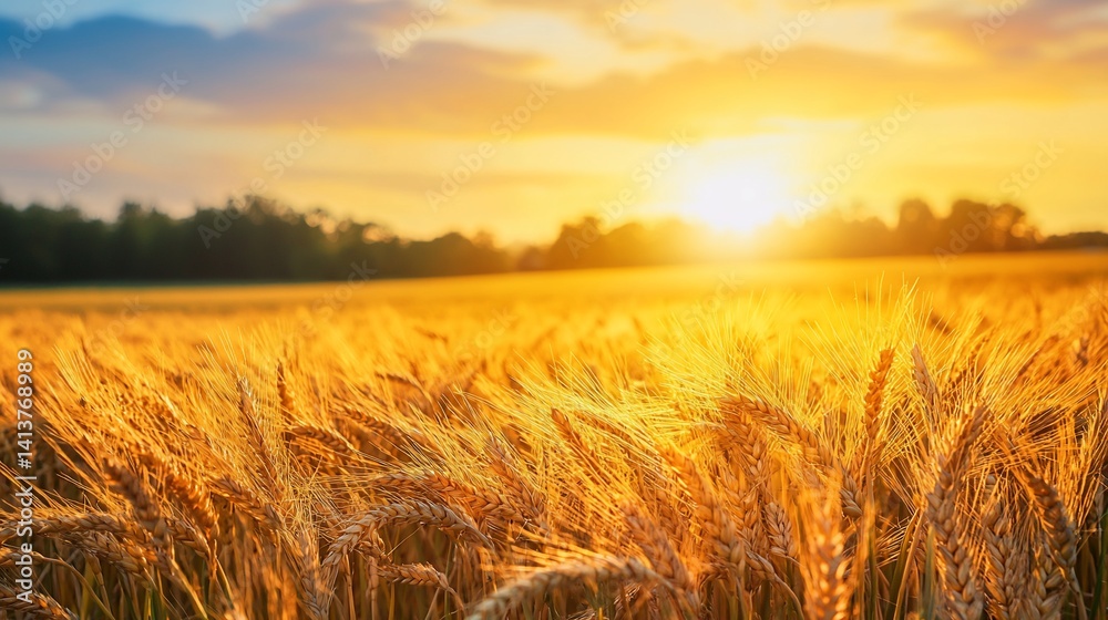 Golden wheat field bathed in warm sunlight at sunrise Golden wheat field bathed in warm sunlight at sunrise