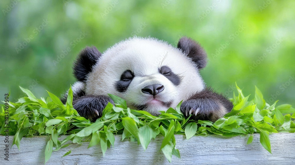 Obraz premium Adorable panda cub resting in lush green foliage