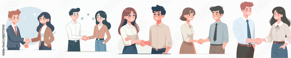 Vector collection of a couple of colleagues shaking hands while smiling in formal office clothes Vector collection of a couple of colleagues shaking hands while smiling in formal office clothes