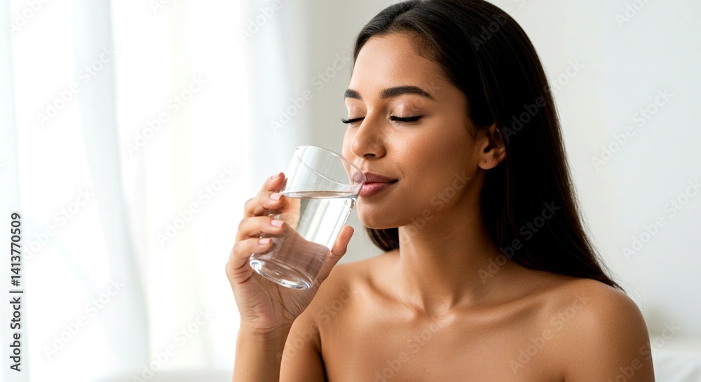 Young woman with glowing skin enjoying a refreshing glass of water in the morning light Young woman with glowing skin enjoying a refreshing glass of water in the morning light