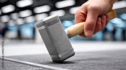 Hand Holding Rubber Mallet Hitting Gray Surface in Construction Zone