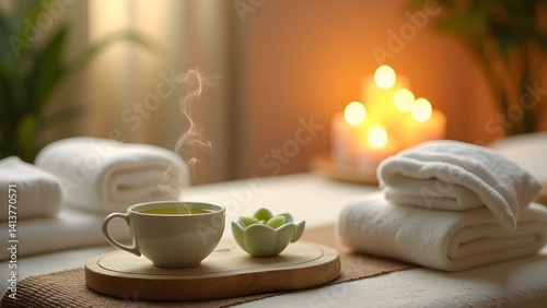 Wallpaper Mural Inviting spa scene featuring tea, candles, and towels promoting relaxation and self-care  Torontodigital.ca
