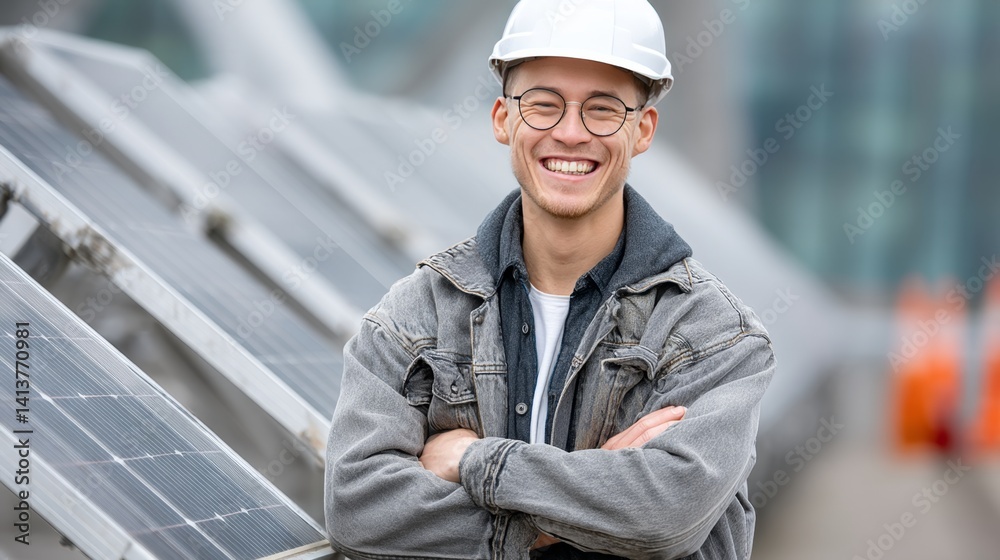Young Man Smiling with Solar Panels at Renewable Energy Site