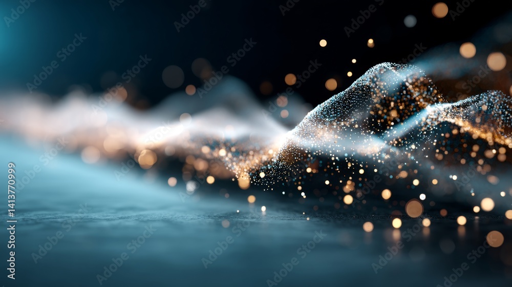 Abstract Wave of Light Particles in Blue and Gold Shades
