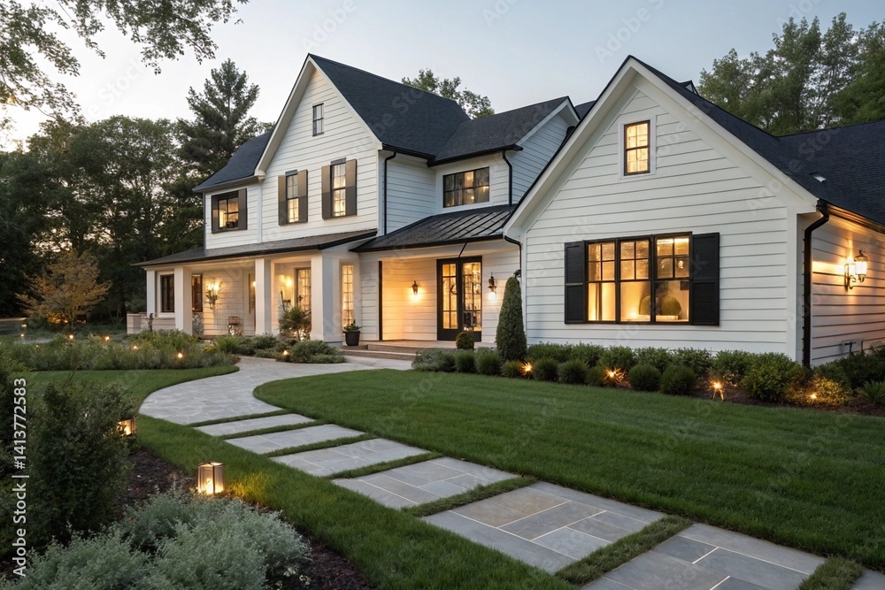 Obraz premium Modern farmhouse exterior with white siding, black window frames, and a front yard garden. Suburban house design with a paved pathway and outdoor lights.