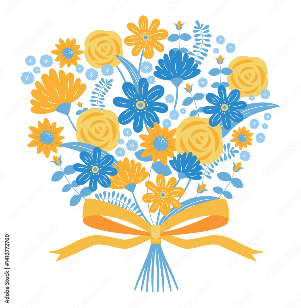 父の日の黄色いバラとひまわりの花束・ブーケ手書きイラスト:広告バナー背景などに最適