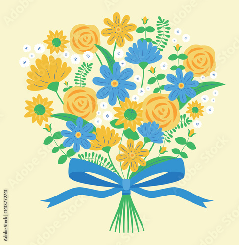 父の日の黄色いバラとひまわりの花束・ブーケ手書きイラスト:広告バナー背景などに最適