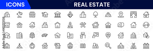 Vector illustration web line icon collection featuring real estate themes—property listings, house keys, contracts, location pins, home loans, buildings, investment, and architectural planning.