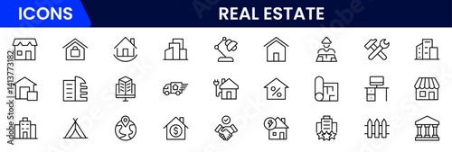 Vector illustration web line icon collection featuring real estate themes—property listings, house keys, contracts, location pins, home loans, buildings, investment, and architectural planning.