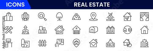 Vector illustration web line icon collection featuring real estate themes—property listings, house keys, contracts, location pins, home loans, buildings, investment, and architectural planning.