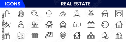 Vector illustration web line icon collection featuring real estate themes—property listings, house keys, contracts, location pins, home loans, buildings, investment, and architectural planning.