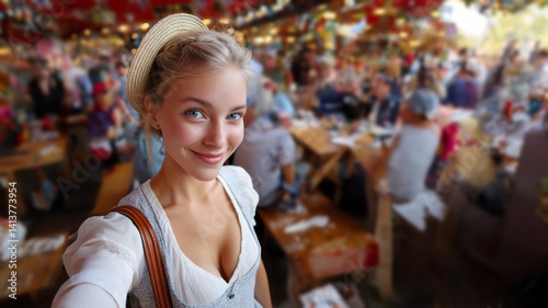 Porträt einer lächelnden jungen Frau in traditioneller Tracht auf dem Oktoberfest