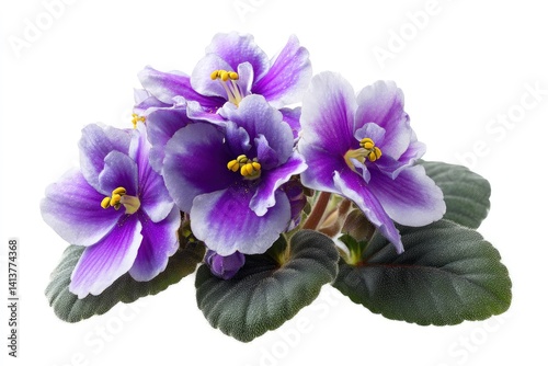 Blooming African Violet Plant with Purple and White Flowers Isolated