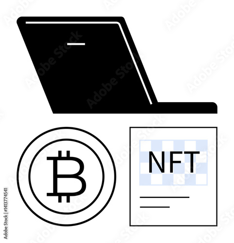 Laptop, Bitcoin symbol, and NFT document representing cryptocurrency, blockchain, and digital ownership. Ideal for technology, finance, innovation, cryptocurrency blockchain NFT digital assets