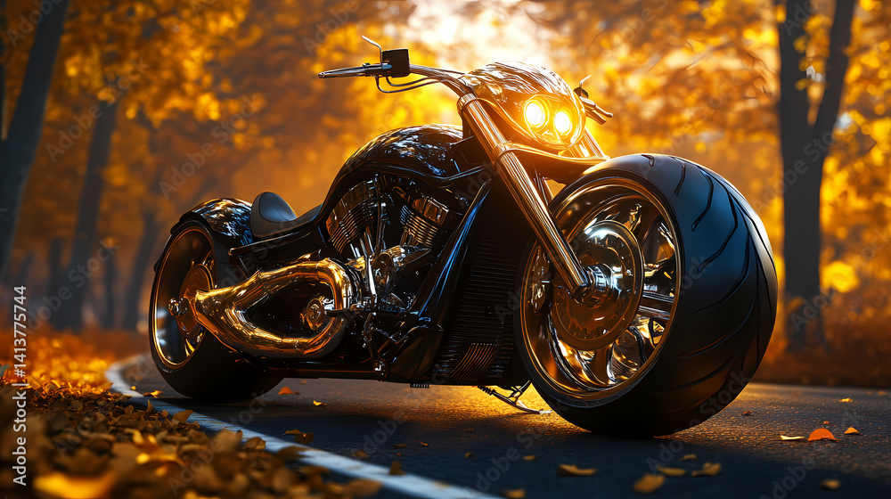 Obraz premium Golden Ride: A black custom motorcycle showcases elegant golden details while speeding down an autumn road. The photograph perfectly captures the essence of luxury and adventure.
